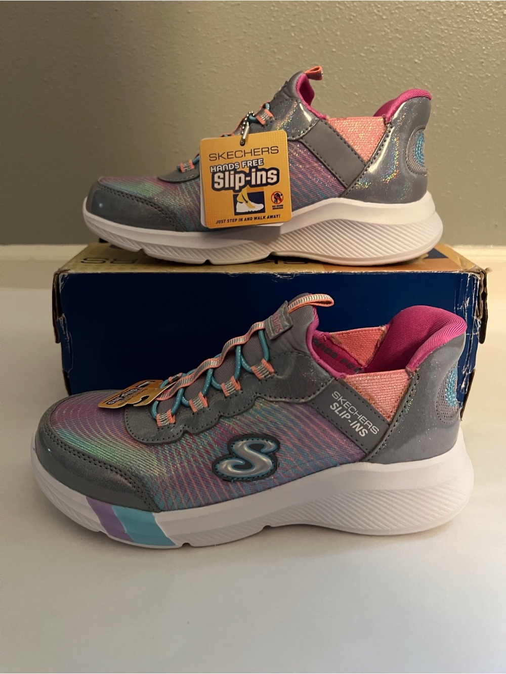 Skechers Kids Iridescent Gray & Pink Slip-Ins Sneakers